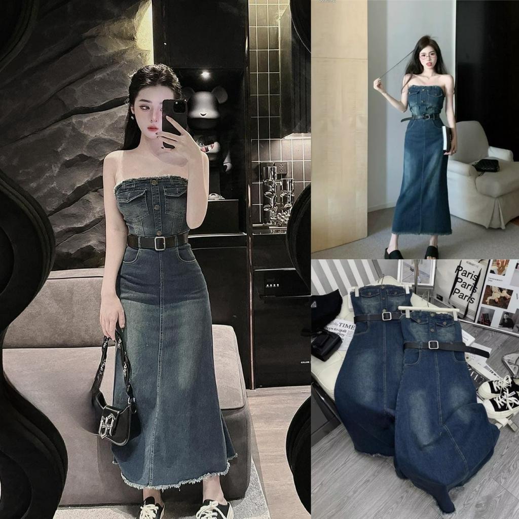Đầm jeans quây túi nắp kèm dây nịch Đầm jeans dáng dài bigsize KN từ 50 kg đến 100 kg M/L/XL/XXL