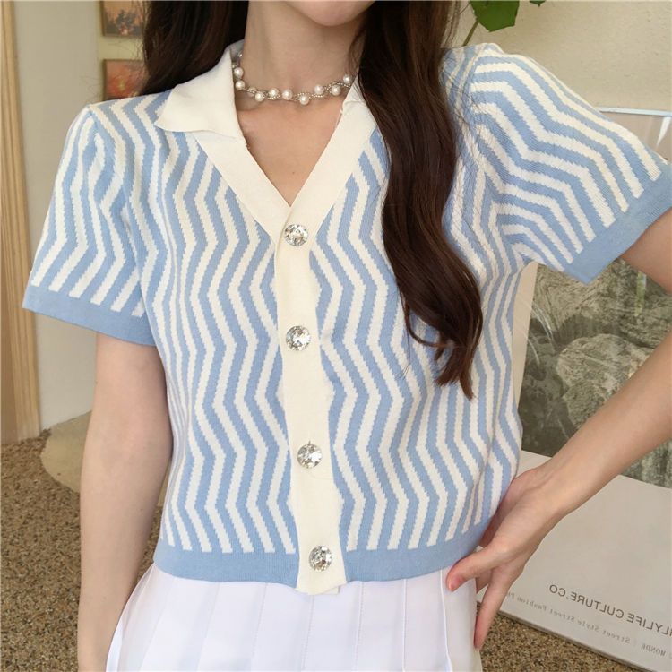 Áo cardigan Dệt Kim Mỏng Cổ POLO Ngắn Tay Họa Tiết Kẻ Sọc Cho Nữ JL-TX-514