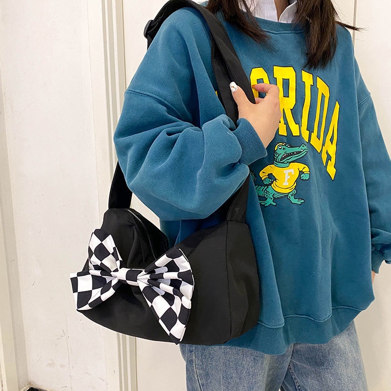 Túi ENVIROSAX đeo chéo vai bằng vải canvas đính nơ họa tiết caro phong cách hàn quốc dễ thương kích thước lớn cho nữ