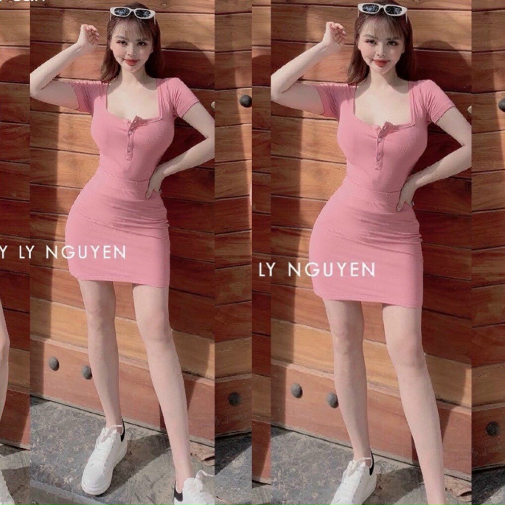 Đầm body cổ vuông tay ngắn phối nút chất pozip lụa mềm mịn, dày dặn, co giãn tốt- giá sĩ- KHOSIGIAHUY- NU