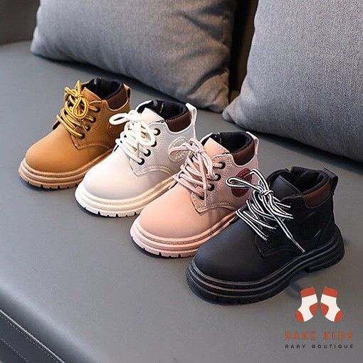 Giày bốt cao cổ cho bé trai bé gái, Bốt trẻ em da mềm mại đế cao su chống trơn phối dây buộc dễ thương mới nhất M333