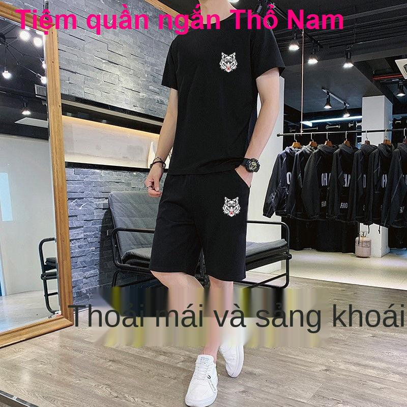 Bộ đồ thường phục nam mùa hè áo thun ngắn tay quần thể thao cặp đôi hai mảnh cotton