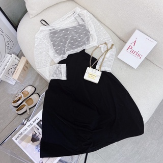 Set đầm midi 2s đen trơn basic kèm khoác crop lưới