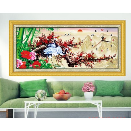 Tranh thêu chữ thập đồng hồ Đôi Hạc Mùa Xuân A1171-83x40cm
