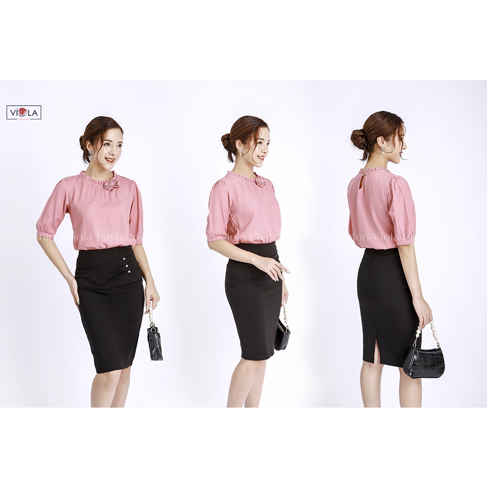 Áo sơ mi nữ công sở tay lỡ cổ tròn xếp ly cài hoa hồng tinh tế chất liệu cao cấp mát mịn sang trọng tinh tế A19158