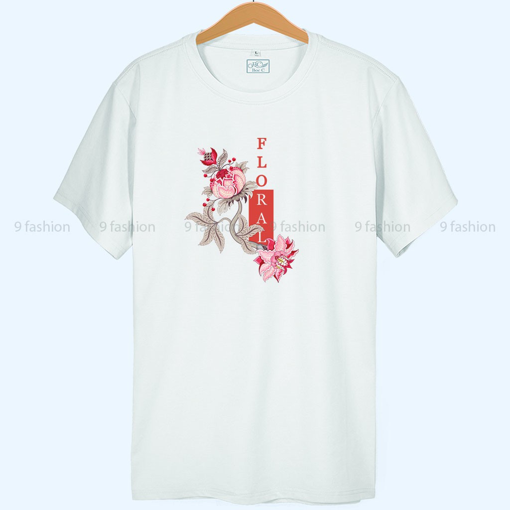 HOT- Áo unisex nữ 9 Fashion C19 áo unisex tay ngắn không cổ chất vải cotton mềm in bông hoa Floral -