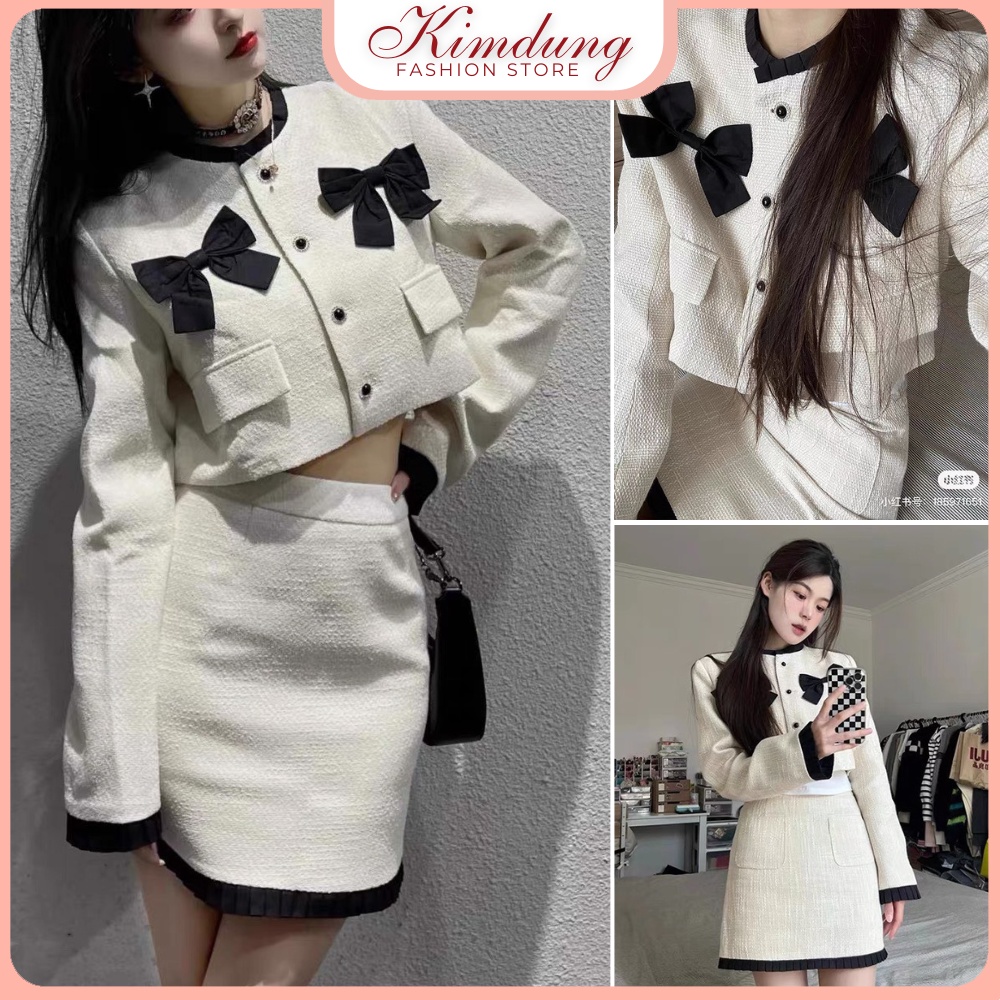 Set váy dạ tweed áo vest dáng xuông cúc ngọc nơ ngực mix chân váy chữ A phong cách tiểu thư sang chảnh
