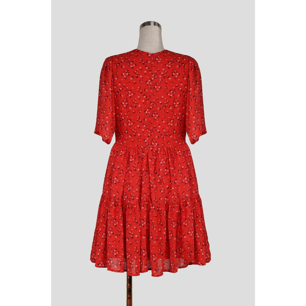 Đầm Voan Đỏ Hoa Nhí 𝐄.𝐬𝐭𝐮𝐝𝐢𝐨 Tay Ngắn, Dáng Xòe