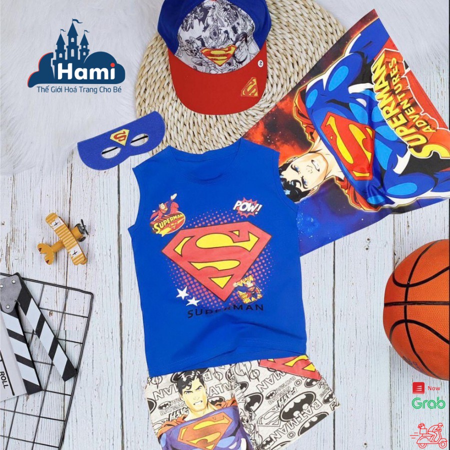 Bộ đồ siêu nhân nhện cho bé trai kèm áo choàng, mặt nạ, mũ, nhiều màu, kiểu sát nách, size 12kg - 28kg