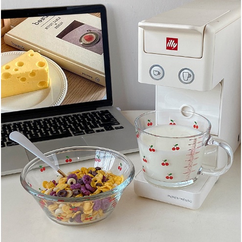 Cốc thuỷ tinh cherry CTT5 ly chia vạch cute dễ thương decor vintage 350ml