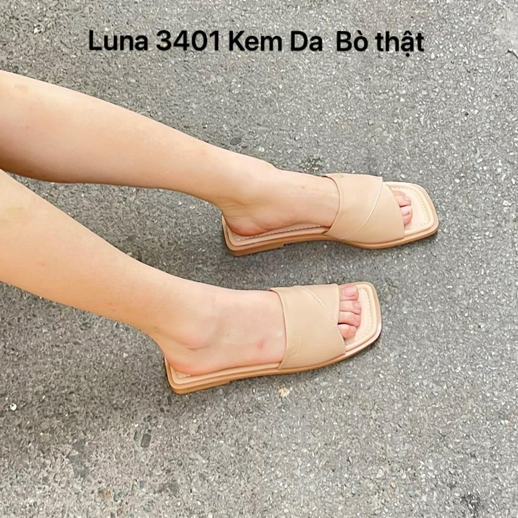 Dép quai ngang nữ đế bệt LUNASHOES 3401 mũi hở da bò thật êm chân chống nước phối đồ hàng ngày