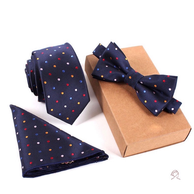 Set cà vạt xanh đen chấm bi, Nơ đeo cổ và khăn cài áo