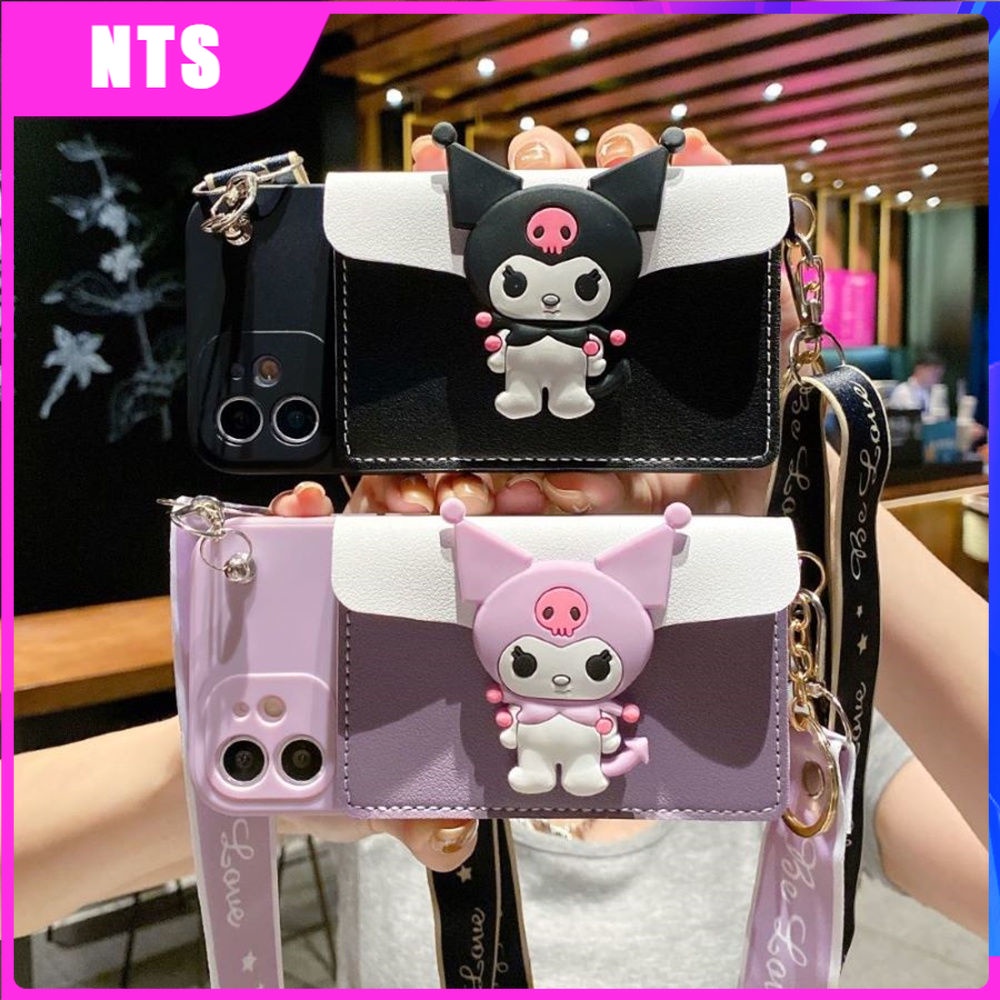 Ốp Điện Thoại Màu Đen Nhám Hình Kuromi Nhật Bản Có Ngăn Đựng Thẻ + Dây Đeo + Giá Đỡ Cho iPhone 7 Trong 1 14 13 12 11 Pro Max mini X XS XR 8 7 6 6s Plus