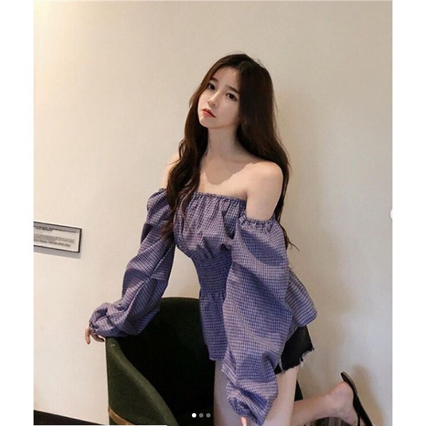 Áo trễ vai dài tay tay phồng chun eo croptop