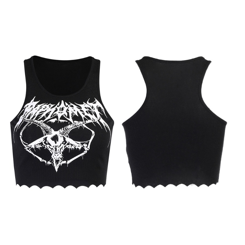 Xiangbao Áo Crop Top Dệt Kim Ôm Dáng Không Tay In Hình Dê Phong Cách Gothic Punk Gothic Harajuku Màu Đen Cho Nữ Ve
