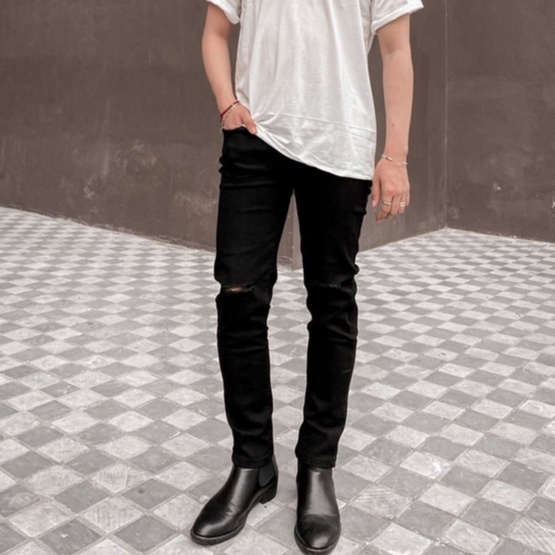 Quần bò skinny rách gối nam đen BIGSIZE chất jeans cao cấp co dãn 4 chiều cực đẹp có size dành cho người béo đến 120kg