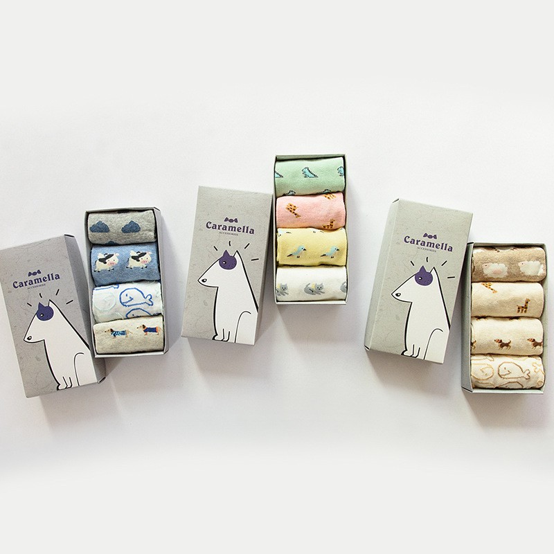 Tất cổ ngắn Caramella cao cấp, tất nữ đẹp co dãn dệt kim dễ thương 4 đôi kèm packet xinh xắn