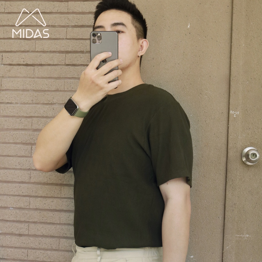 Áo thun unisex tay lỡ form rộng cao cấp local brand Midas, gân sọc thoáng mát vải tốt siêu co giãn 4 chiều màu xanh rêu