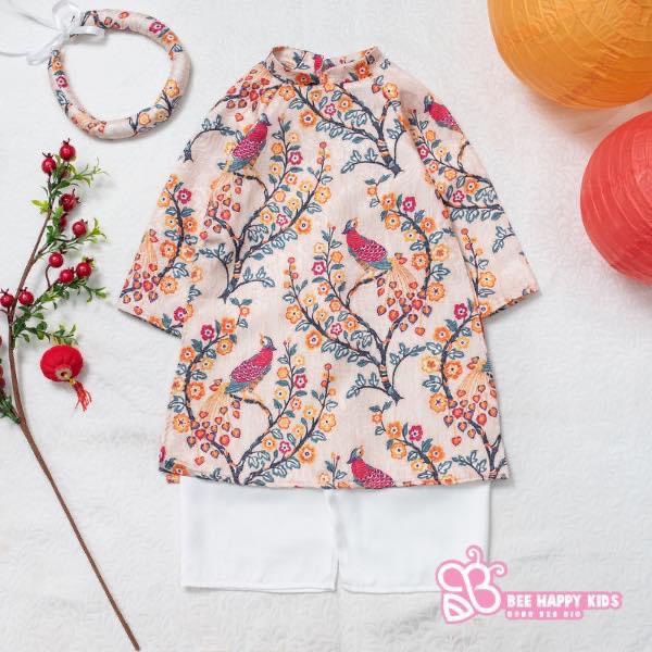Áo dài bé gái truyền thống hoạ tiết công Phượng cho bé mặc Lễ, Tết kèm mấn siêu xinh và nhẹ nhàng ADG03