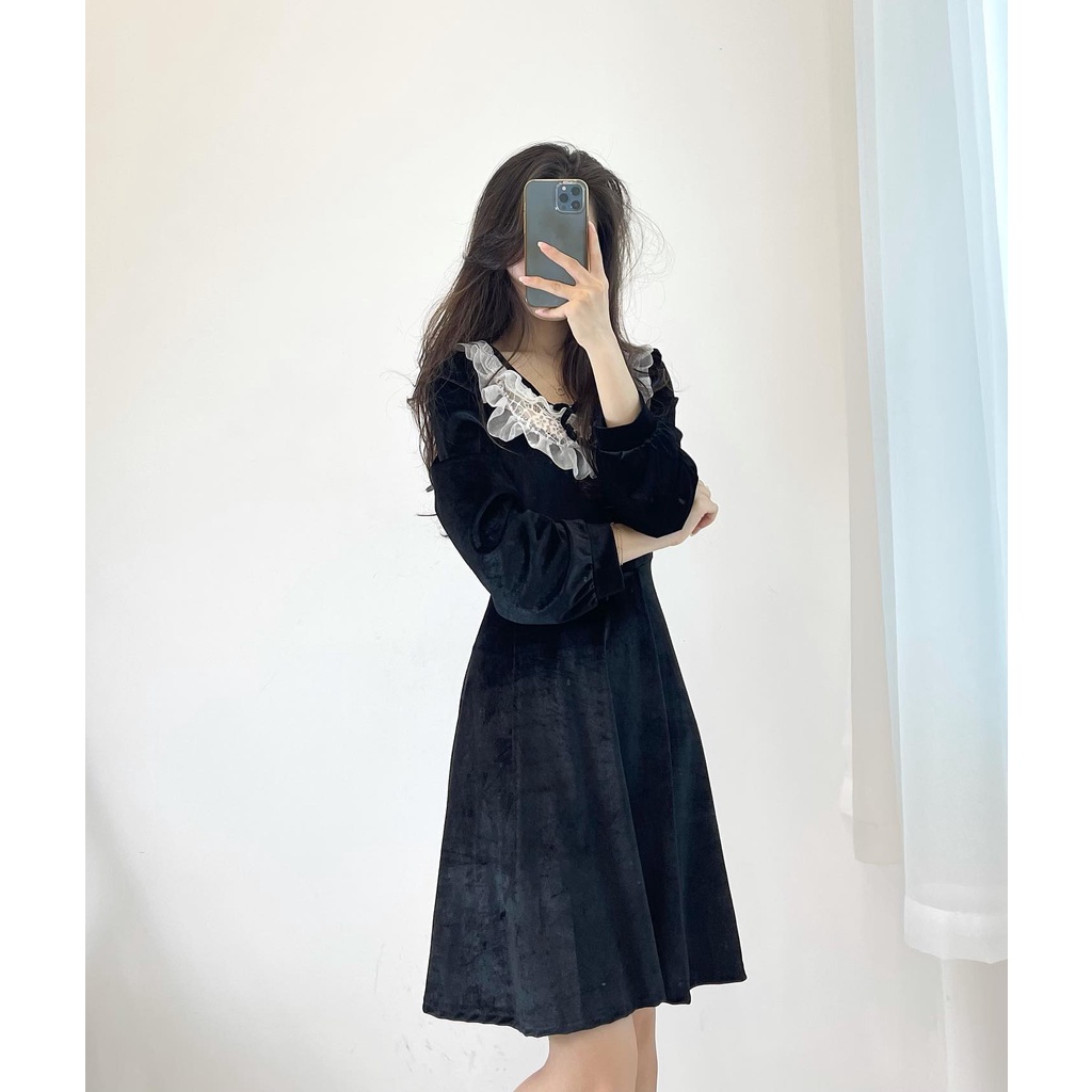 (FREESHIP) đầm nhung đen cổ bèo trắng miho.house