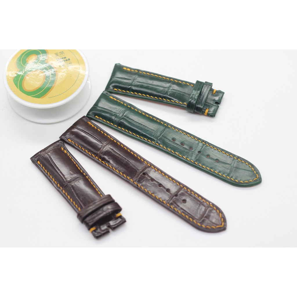 Dây Đồng Hồ Da,Dây Da Cá Sấu May Tay Kèm Khóa Kim,Nâu+Xanh Lá,BH 6 Tháng, Tặng Tool Tháo Và Chốt