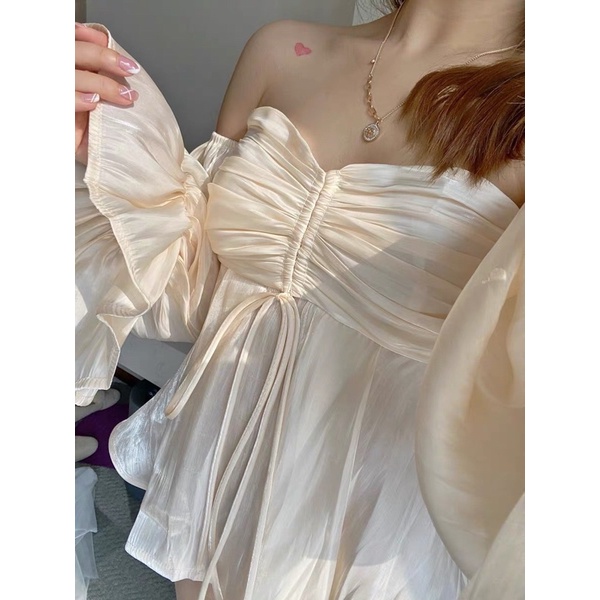 Áo kiểu nữ màu nude voan ánh nhũ rớt vai ngực rút dây freesize Pumi
