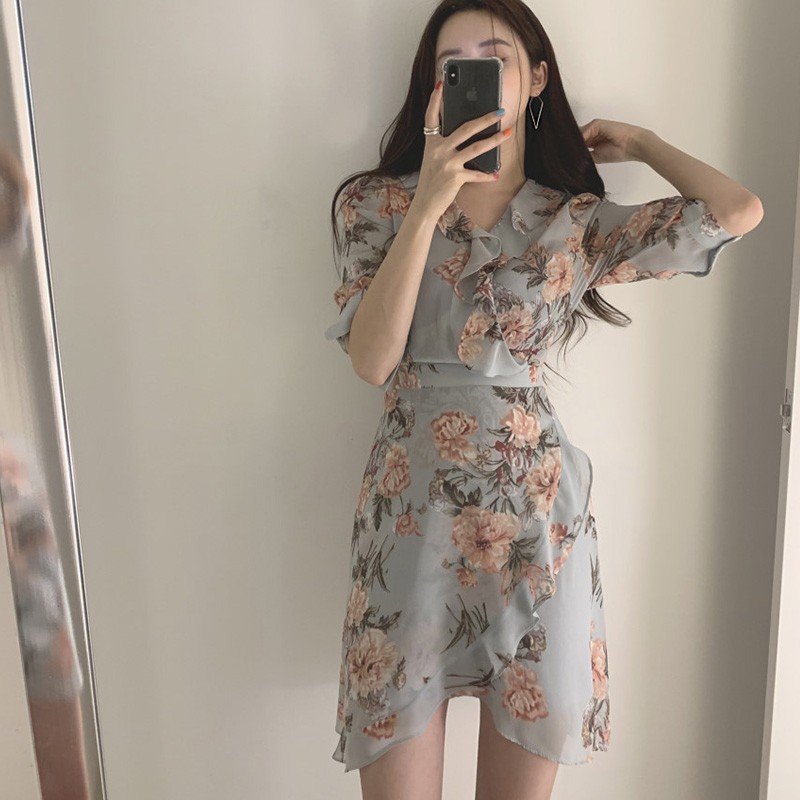 Váy hoa/ đầm hoa voan thắt nơ eo phối bèo ORDER - kèm ảnh thật