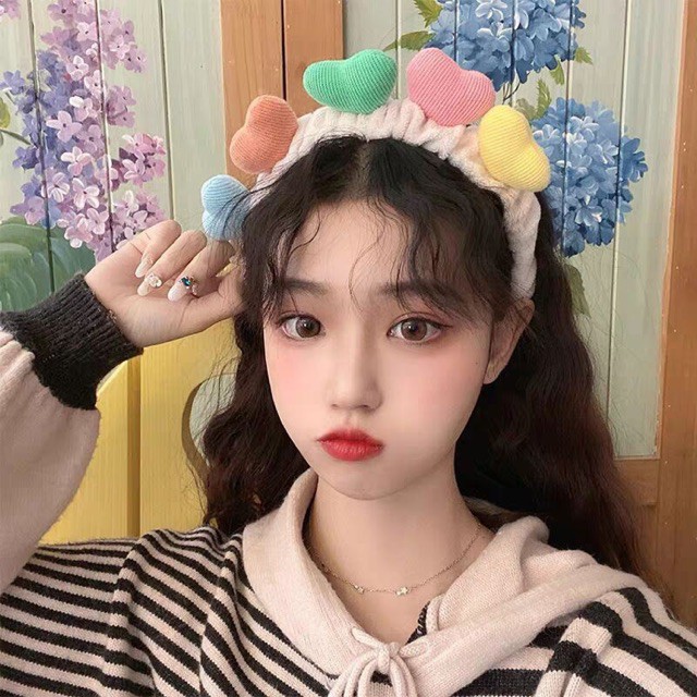 Băng đô rửa mặt trái tim dễ thương băng đô trái tim trang điểm Bờm cài tóc trái tim nhiều màu