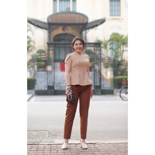 Áo kẻ caro cam tay búp sen