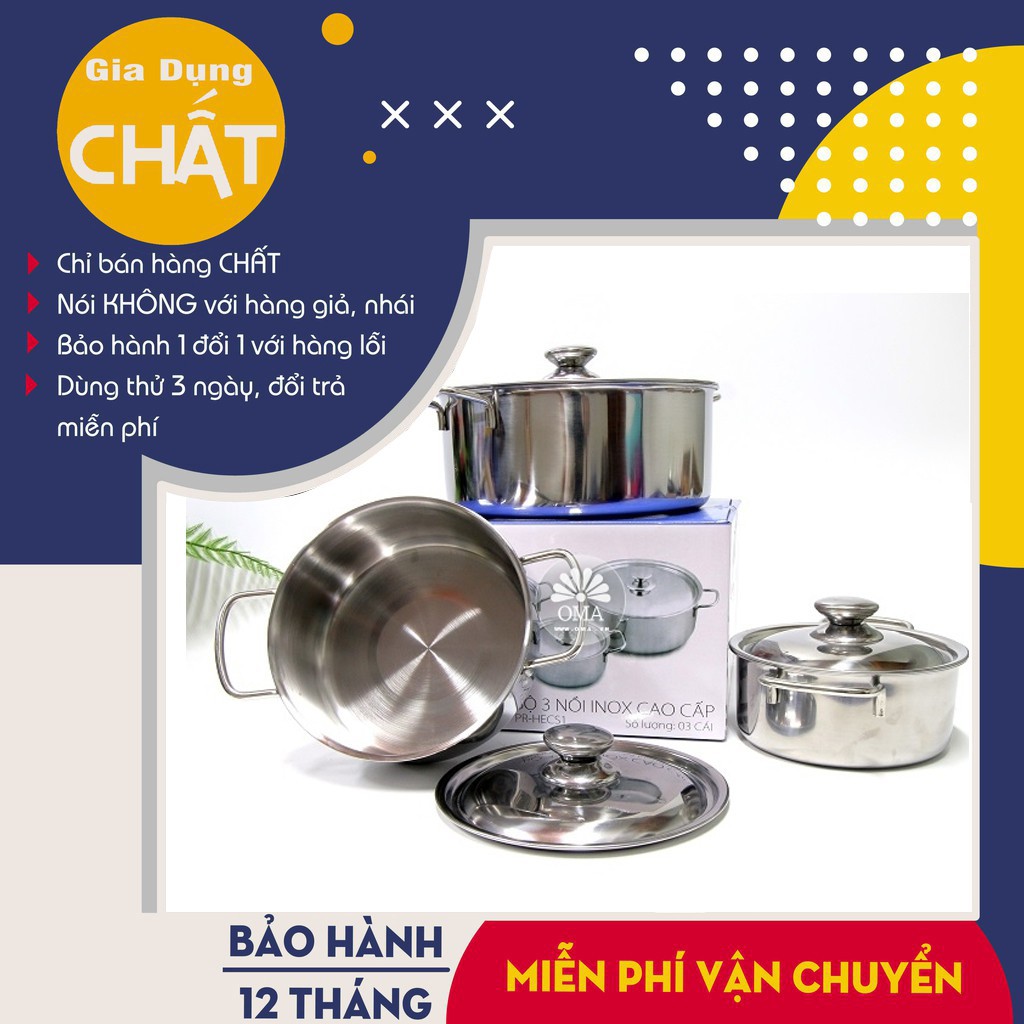 [Hàng Loại 1] Bộ 3 nồi inox SHARP hàng khuyến mại [Bảo Hành 12 Tháng]