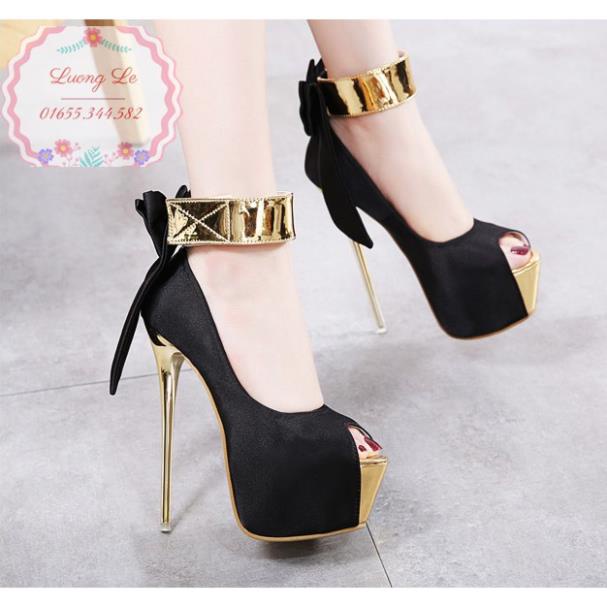 VIP Giày cao gót 16cm hở mũi quai vòng cổ chân gót vàng nơ sau Ms 77