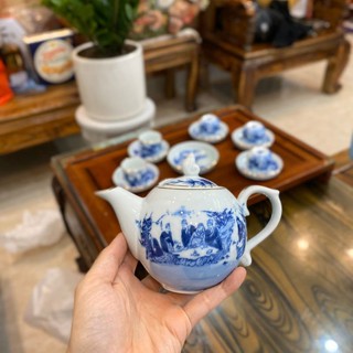 Bộ ấm chén uống trà Bát Tràng dáng chóp lửa trúc lâm thất hiền cao cấp tâm an