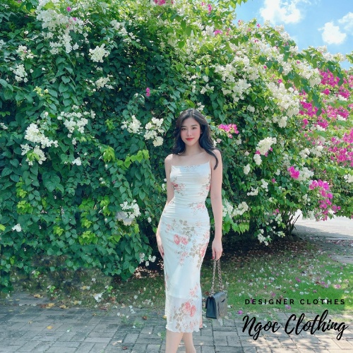 Váy 2 dây body dúm eo NGOCCLOTHING nữ [FREESHIP] Đầm 2s ngắn ôm hoa nền trắng quyến rũ, sang trọng, vintage HOT | BigBuy360 - bigbuy360.vn