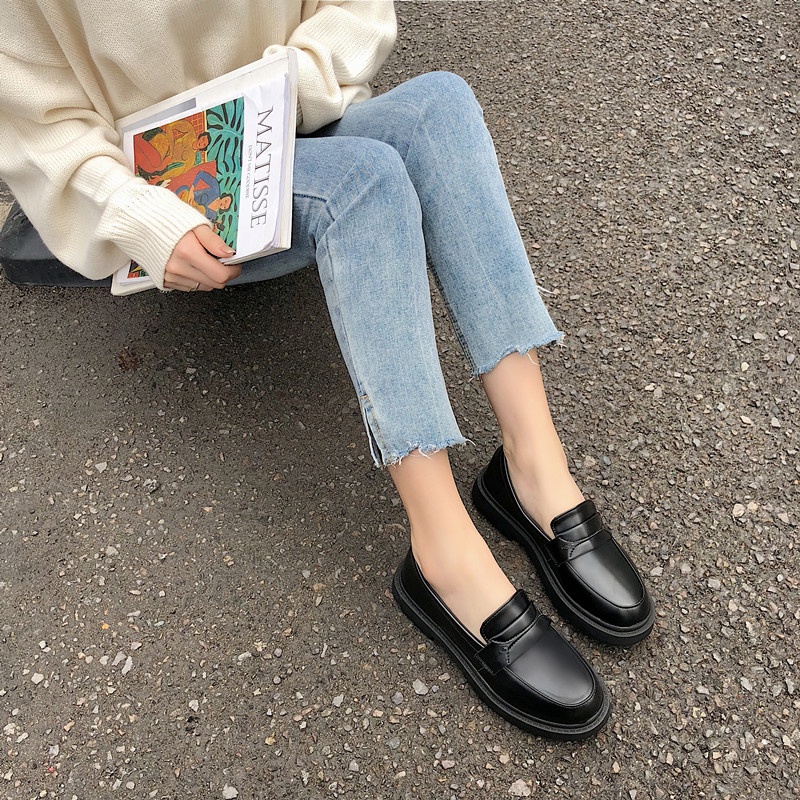 Large Size Women's Shoes 41-43 Black British Wind Small Leather Shoes Wild Flat Korean Version Of The Red Plus Size Wome