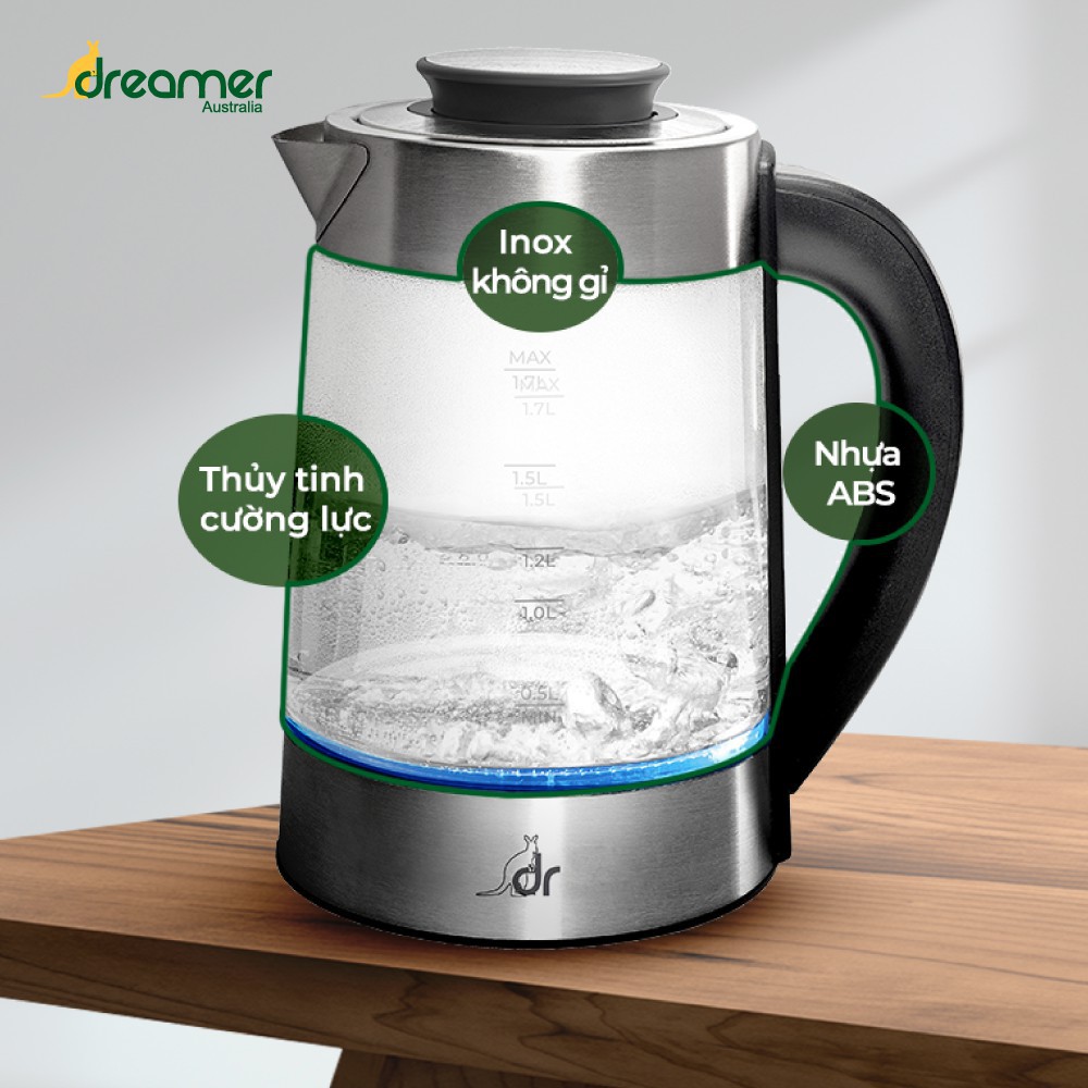 Bình Đun Nước Siêu Tốc Thông Minh Úc Dreamer DK-S17 1.7 Lít - 4 Mức Điều Chỉnh Nhiệt Độ - Hàng Chính Hãng