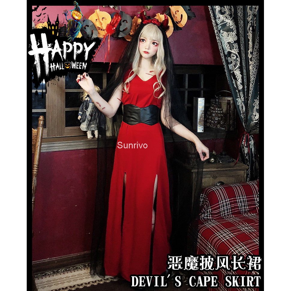 【Sunrivo】 Quần áo Cos Trang phục phù thủy đỏ Ma quỷ Cô dâu Halloween Ma cà rồng Áo dài