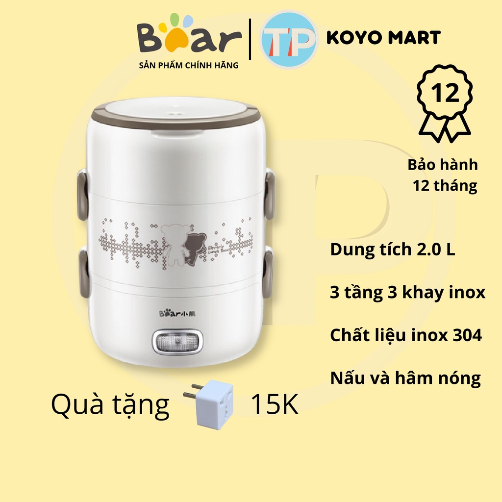 Hộp cơm cắm điện 3 tầng Bear DFH-S2358, 2.0 lít, nấu chín, giữ nhiệt và hâm nóng, sử dụng inox 304 cao cấp