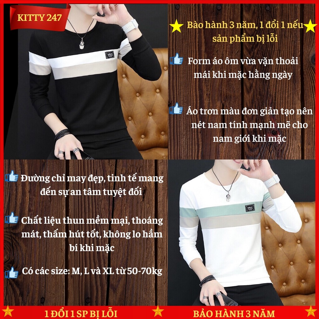 Áo Thun Nam Tay Dài KITTY247-AT08  Phối Màu Phong Cách Hàn Quốc, Chất Thun Co Dãn Thoáng Mát - 4 Màu | BigBuy360 - bigbuy360.vn
