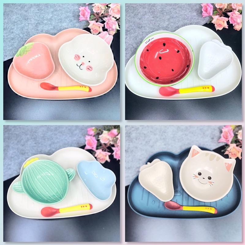 Set chén bát sứ ăn dặm cao cấp dành cho bé kèm khay mây, tặng kèm thìa báo nóng