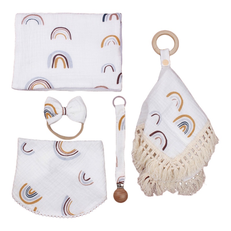 Bộ 5 Món Gồm Khăn Lau + Khăn Yếm + Khăn Lau Nước Bọt + Kẹp Ti Giả + Giá Đỡ Kẹp Tóc Cho Bé