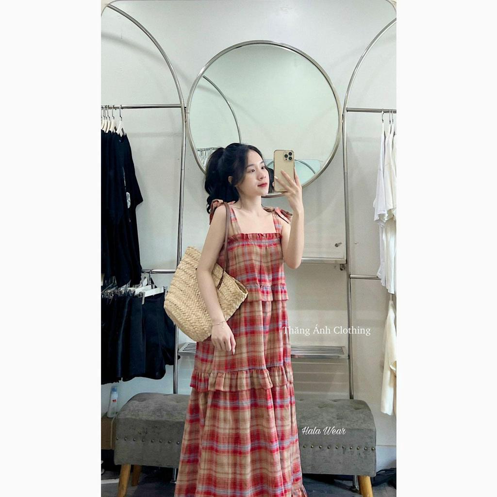 Váy BabyDoll Dáng Dài 3 Tầng Dây Buộc Đầm Nữ 2 Dây Buộc Vai Kẻ Caro Dáng Xoè Freesize