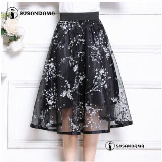 Chân Váy Xòe Lưng Cao Phối Họa Tiết Hoa Thanh Lịch Dành Cho Nữ