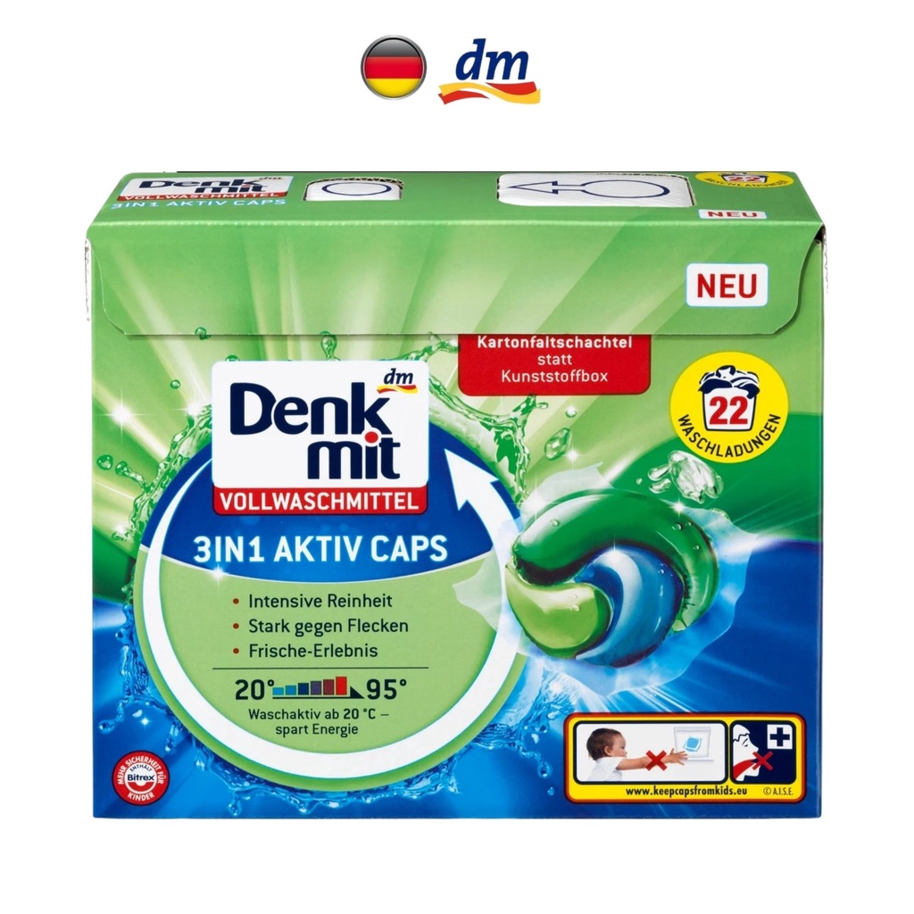 Denkmit - Viên giặt tẩy trắng quần áo 3in1 Aktiv Caps, hộp 22 gói bọc trong màng tự hòa tan, hàng nhập khẩu Đức