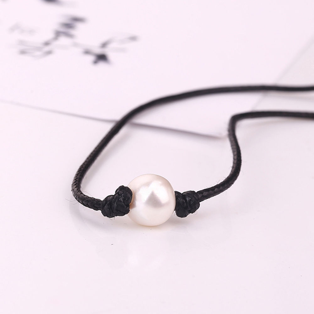 Vòng Cổ Choker Da Thật Đính Hạt Ngọc Trai Đơn Giản Mới