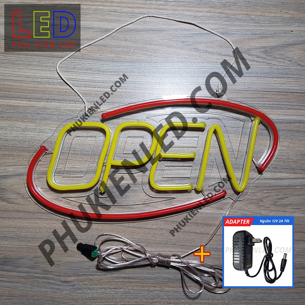 Đèn Led Neon Chữ Open hình oval - Open Len Neon Sign, Đèn Led Neon Open Trang Trí Cửa Hàng