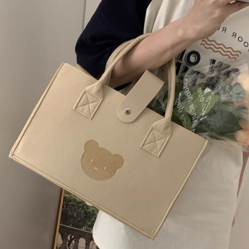 Set 2 túi xách nữ in hình Gấu màu trà sữa chất nỉ xốp phù hợp đi làm, đi học, cafe, du lịch sang chảnh cho mẹ và bé