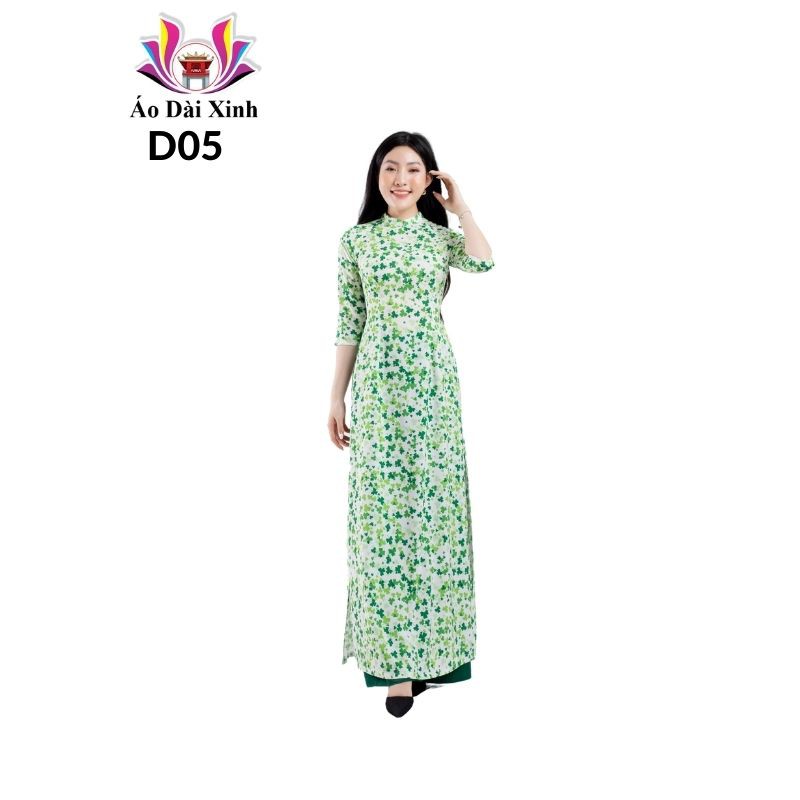 Áo dài xinh Áo dài truyền thống in 3D cổ 2cm tay lỡ cỏ ba lá xanh