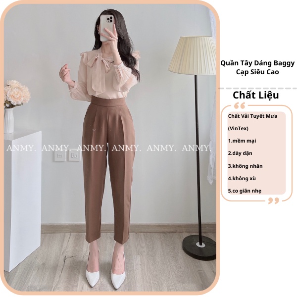 Quần tây nữ lưng cao AMY dáng baggy cạp cao siêu tôn dáng ống đứng chuẩn đẹp khóa sườn đen trắng nâu Q536