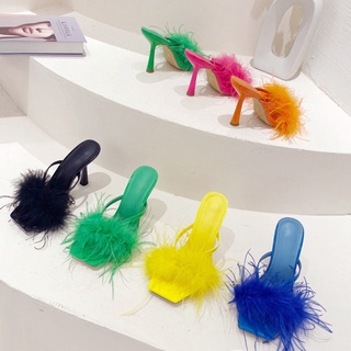 Giày Cao Gót 3.94 Inch Đính Lông Vũ Nhiều Màu Sắc Thời Trang Cho Nữ Size 35-41