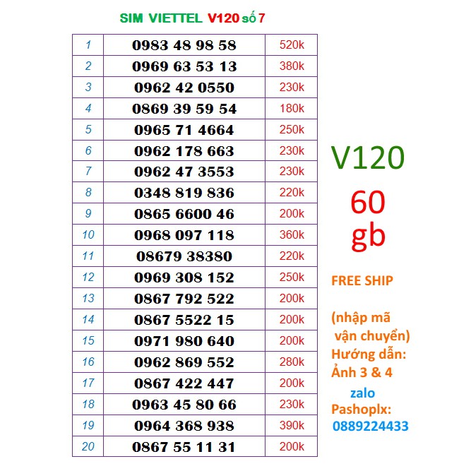 Sim viettel V120 số đẹp 7 ( 60gb data 4g, gọi viettel dưới 20' free, 50' ngoại mạng)